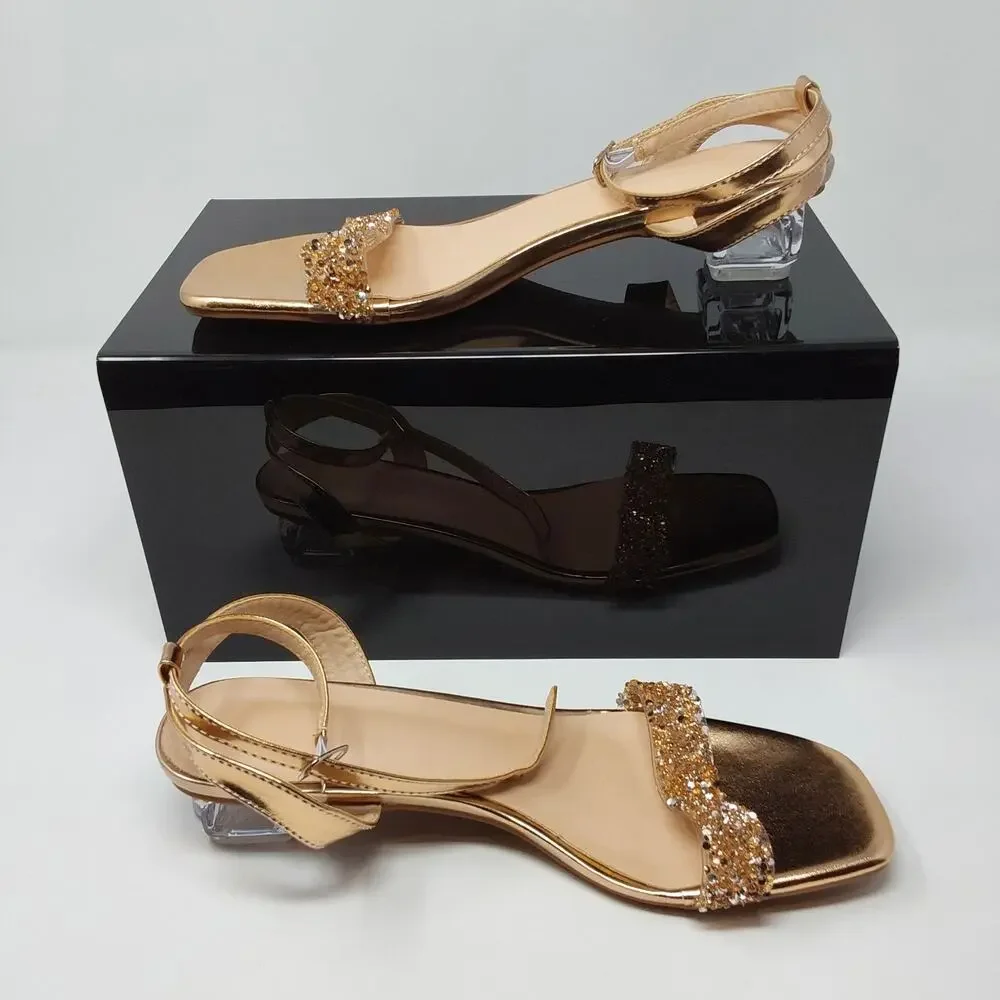 Womens Gold Rhinestone Sandals EU 42 Clear Block Heel Ankle Strap Dress Shoes